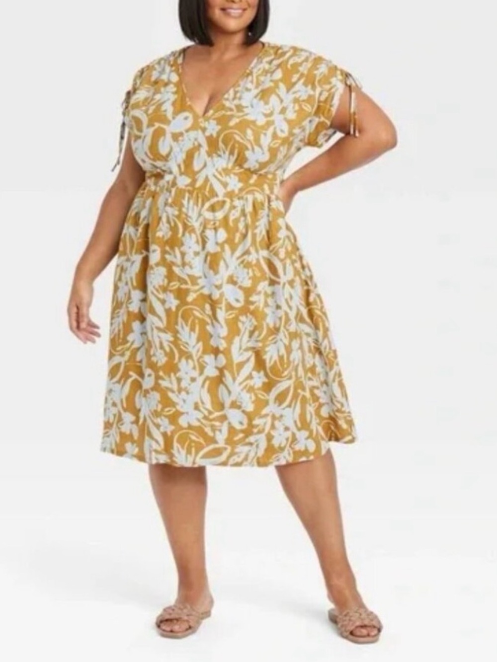 Ava & Viv Mustard Floral V-Neck Midi Dress